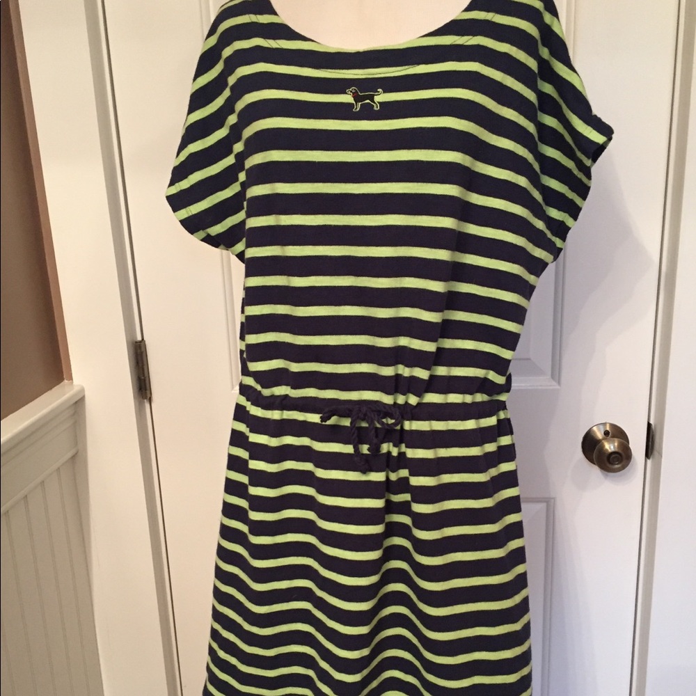 THE BLACK DOG DRESS MINI SHIFT TUNIC BLUE GREEN STRIPES DRAWSTRING WAIST Size M